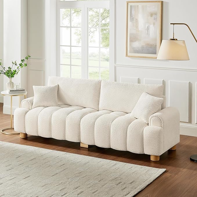 VANOMi Boucle Sofa Couch, 91" Comfy Tufted Upholstered Cloud Couches, Modern 3 Seater Sofa with Pillows, Oversized Deep Seat Sherpa Couch for Living Room, Bedroom, Apartment (White)