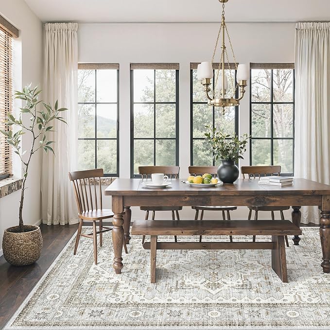 Area Rugs for Living Room - 6x9, Boho Non-Slip Low Pile Carpet Machine Washable Rugs for Bedroom, Farmhouse, Office, Dining Room (Light Blue＆Beige)