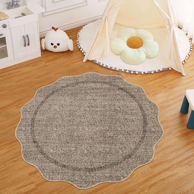 GarveeHome Scalloped Round Rugs 6Ft Washable Area Rug for Playroom, Kids Non-Slip Neutral Classic Circle Rug Modern Large Carpet Soft Boys Rug for Classroom Dorm Bedroom, Taupe