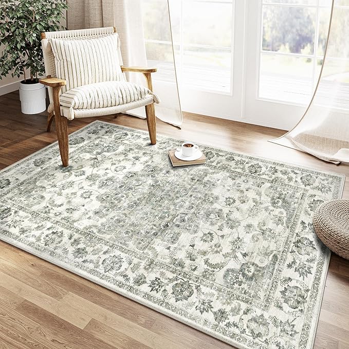 4x6 Washable Neutral Area Rug Green Vintage Entryway Office Carpet Non-Slip Soft Low Pile Farmhouse Throw Rug for Entrance Living Room Bathroom Dining Room