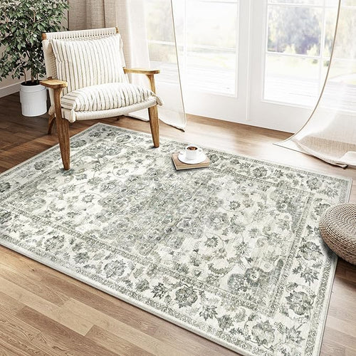 4x6 Washable Neutral Area Rug Green Vintage Entryway Office Carpet Non-Slip Soft Low Pile Farmhouse Throw Rug for Entrance Living Room Bathroom Dining Room