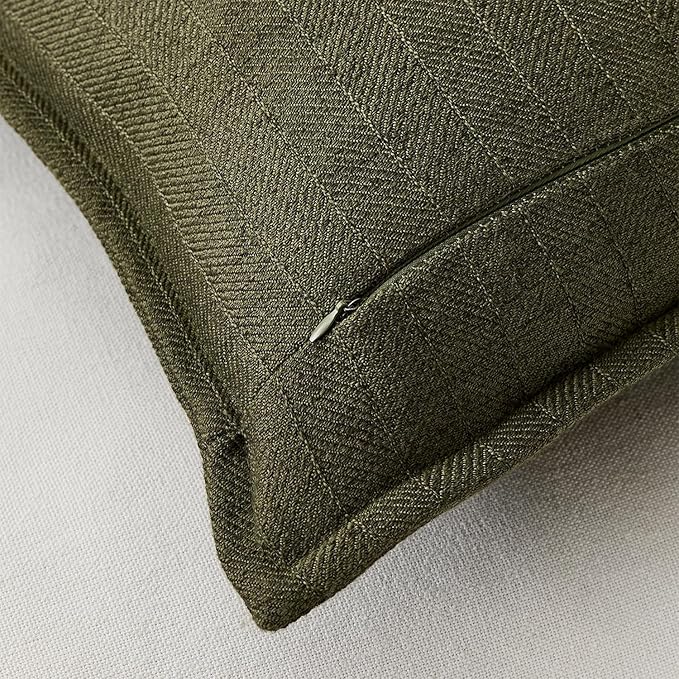 DEZENE 12x20 Linen Pillow Covers Olive Green Pack of 2 Farmhouse Boho Neutral Accents Striped Textured Rectangular Lumbar Decorative Throw Pillow Cases for Living Room Couch Bed Home Decor