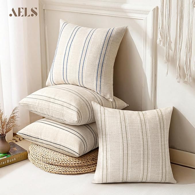 AELS 16x16 Decorative Farmhouse Linen Blend Throw Pillow Covers, Boho Textured Pillow Case, Set of 2, Beige with White & Brown Stitch Yarn Dyed Stripe Cushion Cover for Sofa Living Room (Cover ONLY)