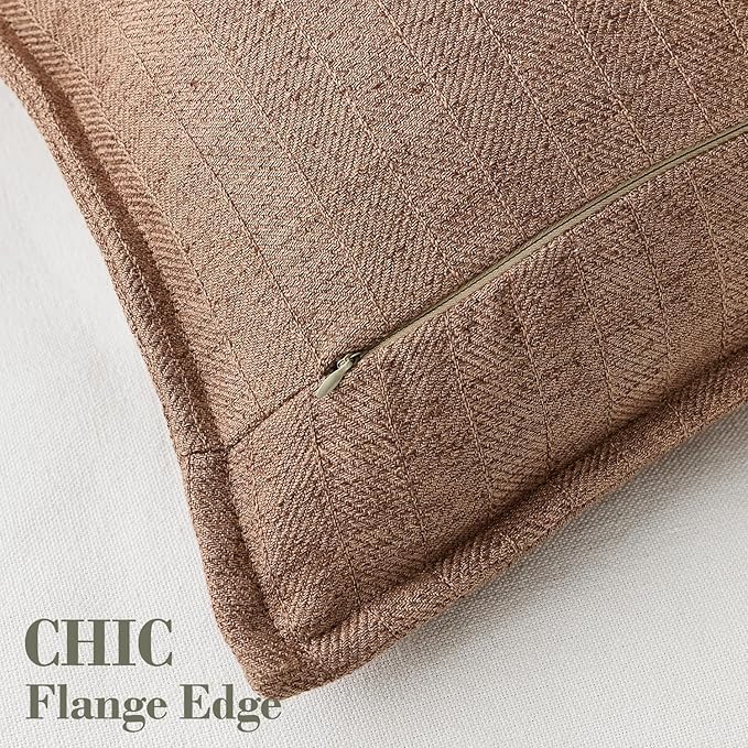 DEZENE 20x20 Linen Pillow Covers Brown Pack of 2 Farmhouse Boho Neutral Accents Striped Textured Square Decorative Throw Pillow Cases for Living Room Couch Bed Home Decor