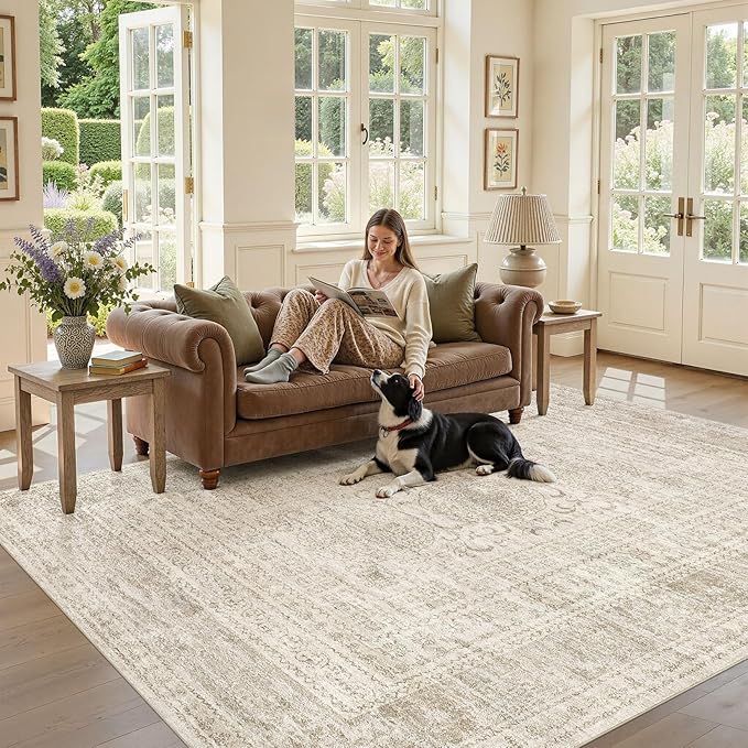 Nakagishi 5x7 Area Rugs Living Room: Washable Large Vintage Rug Neutral Non-Slip Soft Stain Resistant Indoor Carpet for Bedroom Nursery Dining Room Office Playroom - Beige Gray