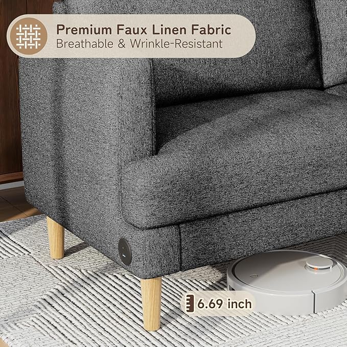 70" Modern Loveseat Sofa with USB Type-C Ports, Linen Fabric 2-Seater Deep Seat Couch, Cozy Small Couch Sofa for Living Room Bedroom Office Apartment (Dark Grey)