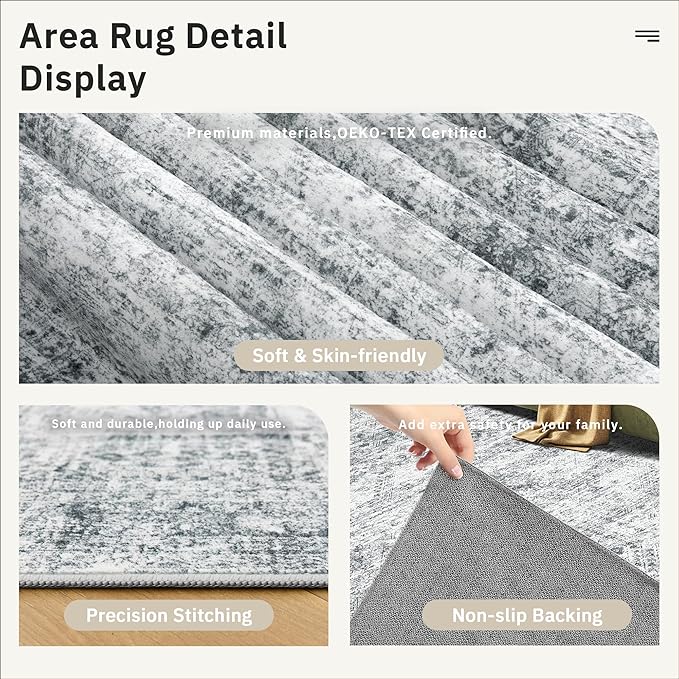 Soalmost 10x14 Area Rugs for Living Room, Non Slip Machine Washable Vintage Rugs, Low Pile Lightweight Large Rug for Bedroom, Dining Room, Home Office Grey