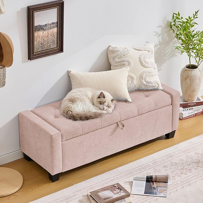 Huatean Home 43" Ottoman with Storage, Pink Storage Ottoman Bench with Safety Hinge, Upholstered Entryway Bench with Seating for Bedroom, Living Room, Holds up to 330 lb