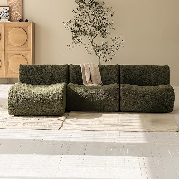 Curved Sectional Couch with Chaise Lounge, 3-Seat Reversible L Shaped Sofa, Deep Seat Sherpa Boneless Modular Couches for Living Room, 101" Modern Curved Sofas – No Assembly, Green