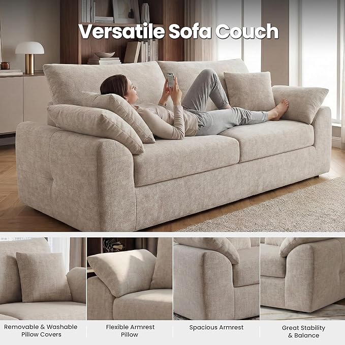 89.8" Modern Loveseat Sofa for Living Room, Cloud Boneless Couches with 4 Pillows, Mid Century Loveseat couches for Small Place, No Assembly Required, Camel