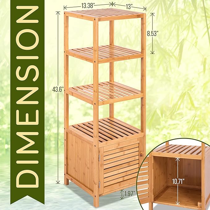 SereneLife 5-Tier Bamboo Bathroom Storage, Corner Slim Rack Cabinet Organizer Unit, 13.38 x 43.3 inch Bathroom Shelf, Towel Stand, Bookshelf, Freestanding Furniture with Shelves Indoor&Outdoor use
