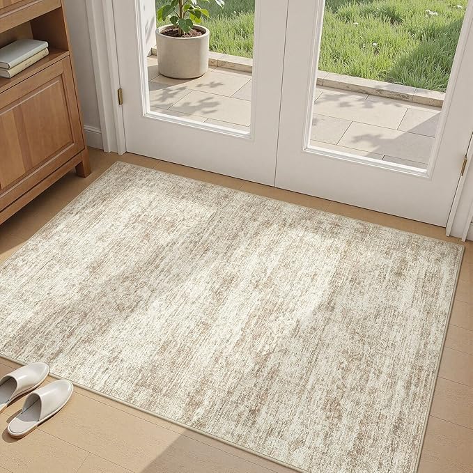 cotiled Large Area Rugs for Living Room, Machine Washable Rugs with Non Slip Backing Modern Neutral Abstract Rugs Stain Resistant Distressed Carpets for Home Office Decor (3x5 Beige/Brown)