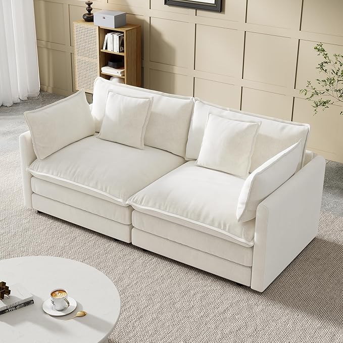 Modular Sectional Sofa, 76.7 Inch I-Shaped Cloud Sofa with Deep Seat Comfortable Chenille Sofa with Cushion Double Sectional Sofa for Living Room Apartment, White