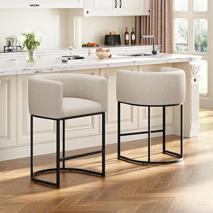 26" H Counter Height Bar Stools Set of 1, Modern Barrel Counter Stools with Backrest and Arms, Linen Fabric Upholstered Accent Barstools for Kitchen Island,Support 450 LBS (Beige)