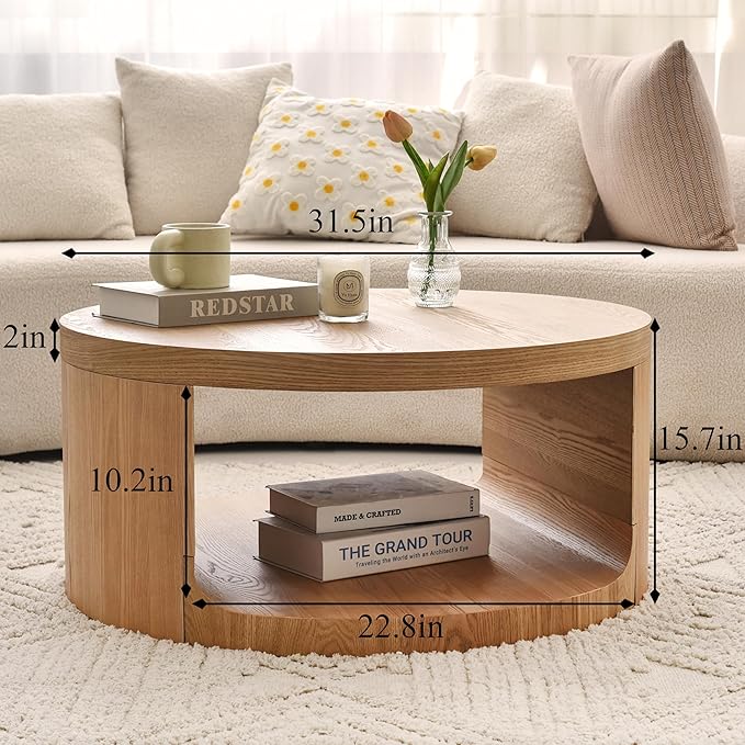 Round Coffee Table with Storage, 31" Modern Living Room Table, 2 Tier Circle Wood Center Tables for Apartment, Living Room, Open-Style Storage Tea Tables, 31"*14.1" (Nature Wood)
