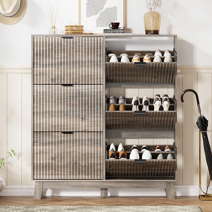 HUANLEGO Shoe Cabinet Storage for Entryway with 6 Flip Drawers, Fluted Narrow Shoe Organizer with Wooden Legs, Freestanding Slim Shoe Storage Hidden Shoe Rack Organizer for Front Door Entrance, Grey