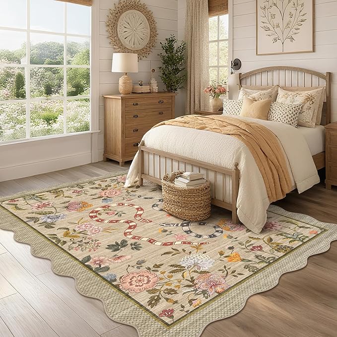 Garvee 10x13 Area Rugs for Living Room Non Slip Botanical Snake Rugs for Bedroom, Boho Scalloped Indoor Stain-Resistant Dining Room Rug for Under Table Carpet for Home Office Playroom Farmhouse,Brown