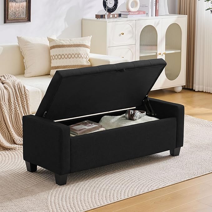 Huatean Home 43" Ottoman with Storage, Black Storage Ottoman Bench with Safety Hinge, Upholstered Entryway Bench with Seating for Bedroom, Living Room, Holds up to 330 lb