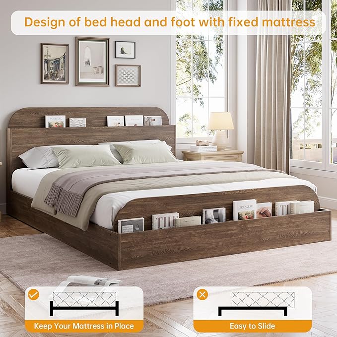 GarveeHome Full Size Bed Frame, Wooden Beds with Storage Headboard and Raised-Foodboard, Full-Floor Low Platform Bed for Bedroom, Sturdy Wooden Slats Support, No Box Spring Needed, Walnut