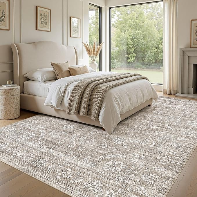 6x9 Area Rug Living Room: Washable Large Vintage Grey Rug Neutral Non-Slip Soft Stain Resistant Indoor Carpet for Bedroom Nursery Dining Room Under Table Bed Home House Office Playroom - Light Brown