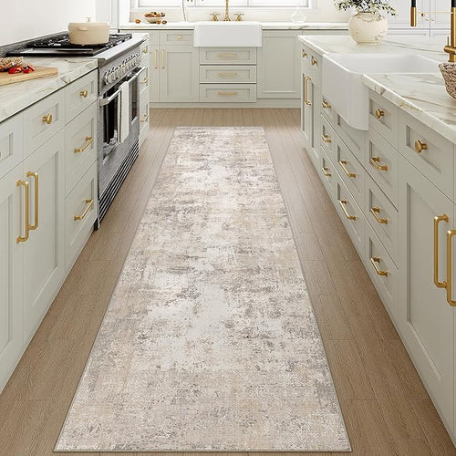 2'6x10 Washable Runner Rug Beige Grey Abstract Non Slip Soft Low Pile Hallway Kitchen Rug Neutral Modern Carpet for Laundry Bathroom Bedroom Living Room Home Decor