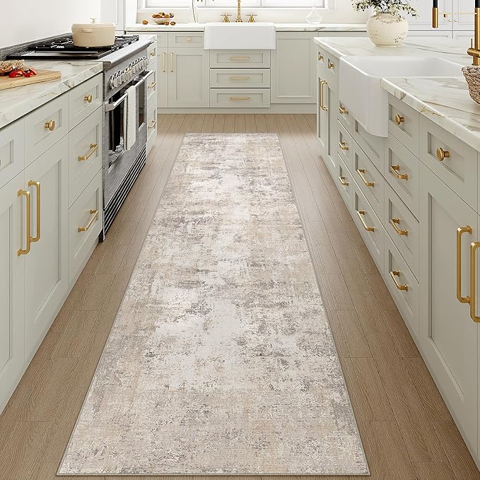 2'6x12 Washable Runner Rug Beige Grey Abstract Non Slip Soft Low Pile Hallway Kitchen Rug Neutral Modern Carpet for Laundry Bathroom Bedroom Living Room Home Decor