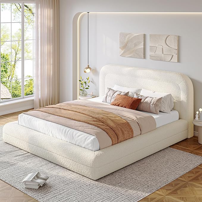 Homkdom Queen Bed Frame with Headboard, Upholstered Cloud Bed Frame, Anti-Collision Soft Rounded Corners, Boucle Platform Bed for Modern Bedrooms, Apartments, Guest Rooms, No Box Spring Needed,Beige