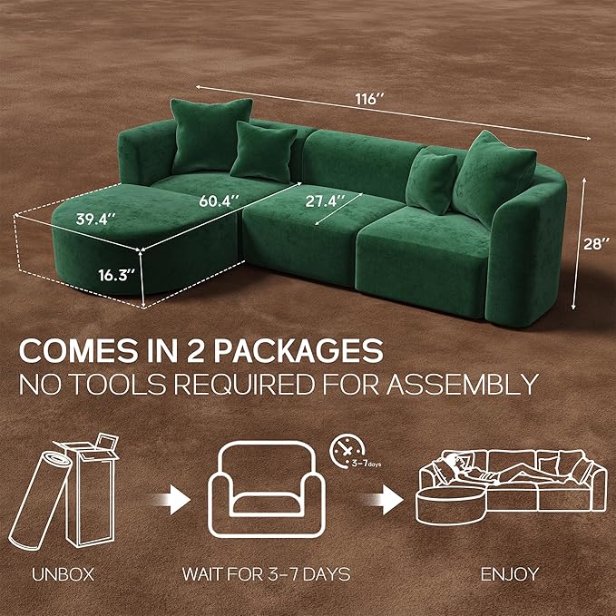 116" Modular Sectional Couches with Ottoman, Luxury Modern Curved Back Sofa, Minimalist Style Oversized 4 Seat Deep Comfy Convertible L Shape Boneless Couch for Living Room Studio Apartment, Green