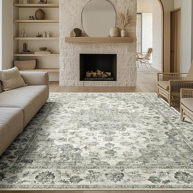10x14 Neutral Area Rug Green Vintage Living Room Bedroom Washable Carpet Non-Slip Soft Low Pile Farmhouse Indoor Large Throw Rug for Dining Room Office