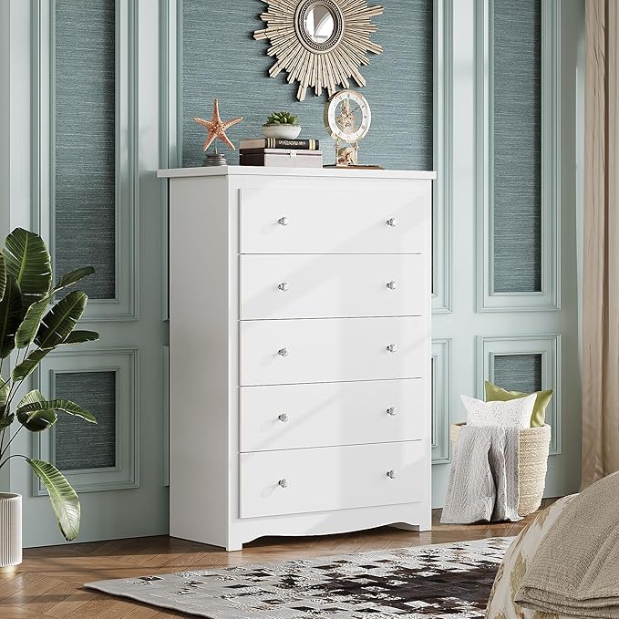 WLIVE White Dresser for Bedroom, 45" Tall 5 Drawers Wooden Chest of Drawers, Storage Cabinet and Organizer Drawers for Living Room, Hallway, Closet