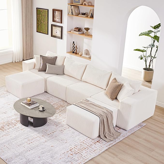 Weture 135.4" Cloud Couch Sectional, Modular Sectional Sofa with Deep Seat, Plush Corduroy U Shaped Boneless Couch, Convertible Sectional Couches for Living Room, 6Seat, Beige