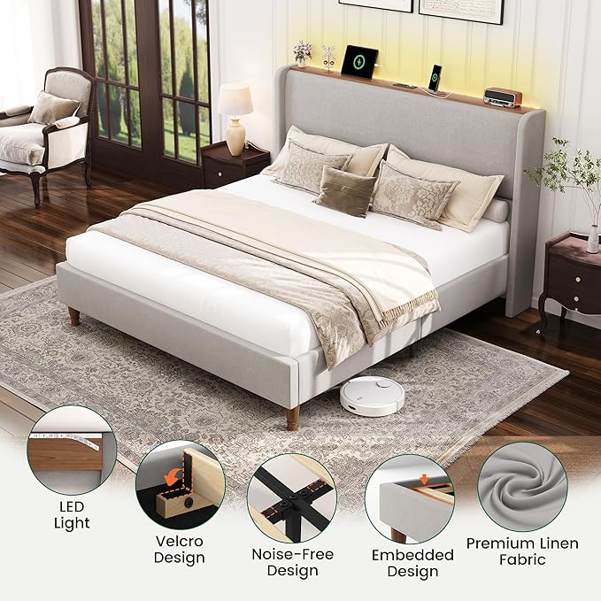 LARMACE King Size Bed Frame with LED Lights and Charging Station Linen Upholstered Platform Bed Frame with 51.2" Tall Wingback Headboard and Storage Shelf, No Box Spring Needed, Easy Assembly, Grey