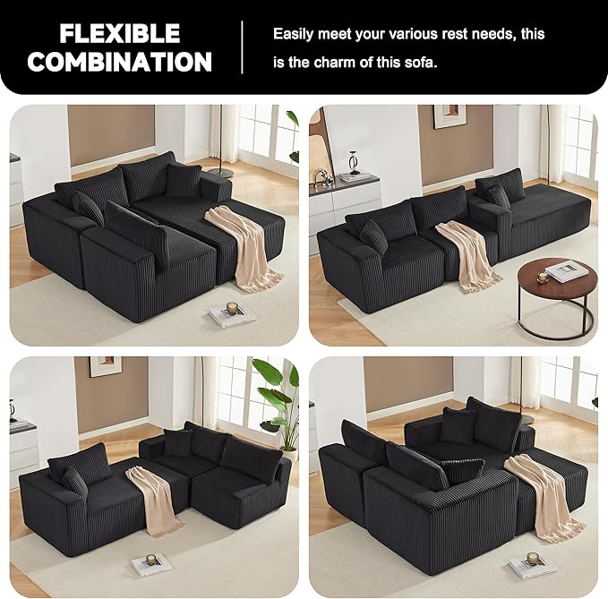 Weture 97" Modular Sectional Sofa, L-Shaped Boneless Couch with Deep Seat, Cozy Cloud Couch Sectional with Convertible Ottoman, Modern Sectional Couches for Living Room（ Black）