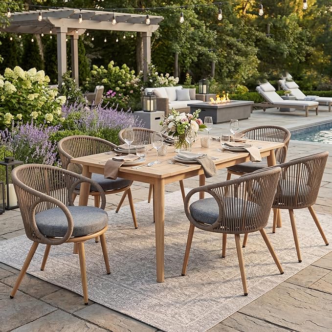 Modern Outdoor Dining Chair Set of 6 with Cushion, Scandinavian Rope Woven Patio Armchairs, Wood-Look Metal Frame, Weather-Resistant Balcony Backyard Dining Seating, Brown
