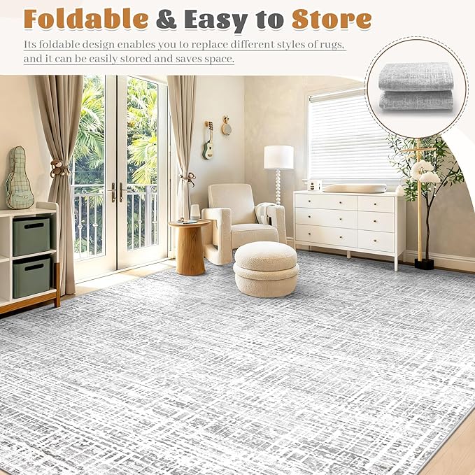 8x10 Area Rugs Washable Rug, Abstract Living Room Rug Large Neutral Modern Area Rug Soft Non Slip Low Pile Stain Resistant Indoor Carpet for Bedroom Nursery Kids Dining Room Office(Grey, 8'x10')