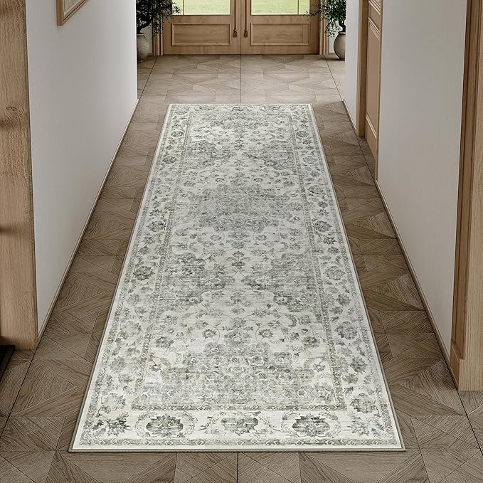 2x6 Washable Neutral Runner Rug Green Vintage Hallway Kitchen Carpet Non-Slip Soft Low Pile Farmhouse Throw Rug for Bedroom Bathroom Laundry Living Room