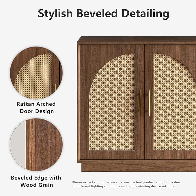 FORTUNETEC Sideboard Buffet Cabinet with Storage Set of 2, Modern Accent Cabinet with Rattan Arched Doors, Modular Media Console, Boho Credenza for Living Room Kitchen Dining Room Entryway, Walnut