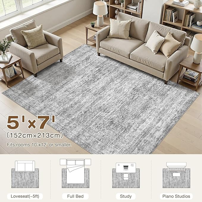 cotiled Large Area Rugs for Living Room 5x7, Machine Washable Rugs with Non Slip Backing Modern Neutral Abstract Rugs Stain Resistant Distressed Carpets for Home Office Decor (5x7 Dark Grey)