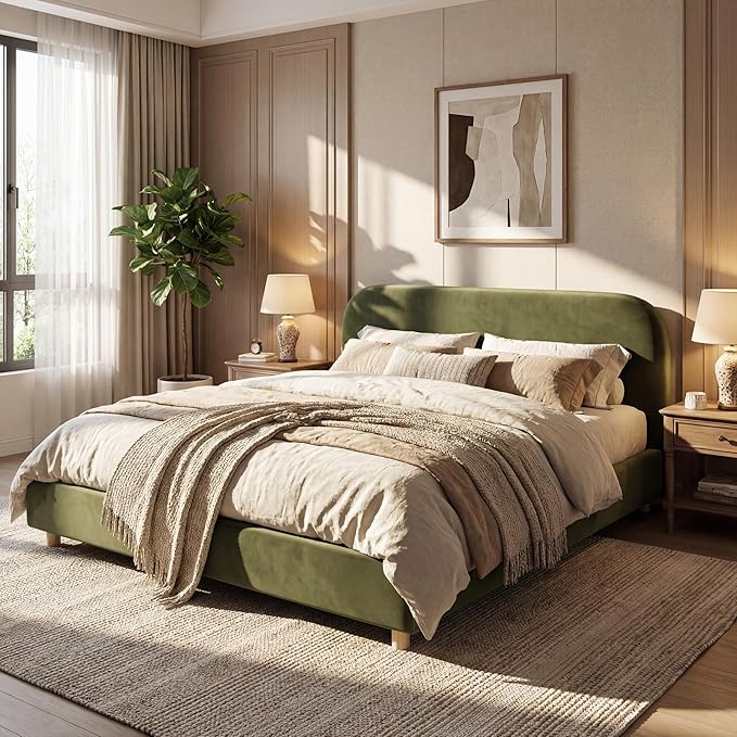 Merax Queen Size Velvet Fabric Upholstered Platform Bed with Curved Shaped Headboard, Wood Bed Frame with Solid Round Legs for Kids Teens Adults, Olive Green