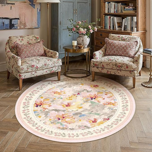 8x8 Washable Area Rug Beige Pink Living Room Bedroom Floral Throw Rug Abstract Modern Non Slip Soft Low Pile Large Carpet for Dining Room Office Nursery