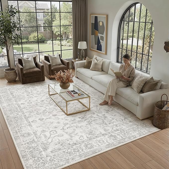 6x9 Grey Washable Area Rug for Living Room Bedroom Neutral Soft Floral Non Slip Large Throw Rug Lightweight Vintage Low Pile Distressed Carpet Office Playroom Dining Room Home Decor
