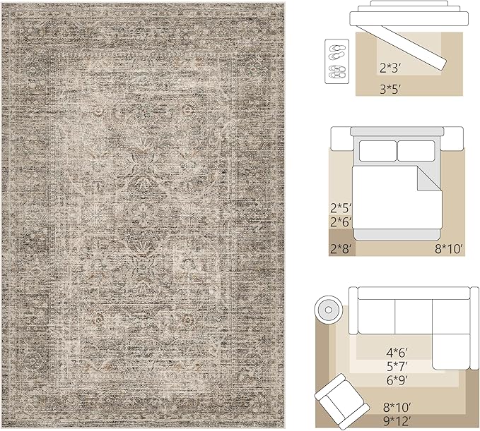FMFUNCTEX 2x6 Hallway Runner Rug Taupe Vintage Neutral Washable Non Slip Low Pile Traditional Indoor Carpet Soft Retro Floral Entryway Rug for Kitchen Living Room Bedroom Bathroom Laundry Entrance