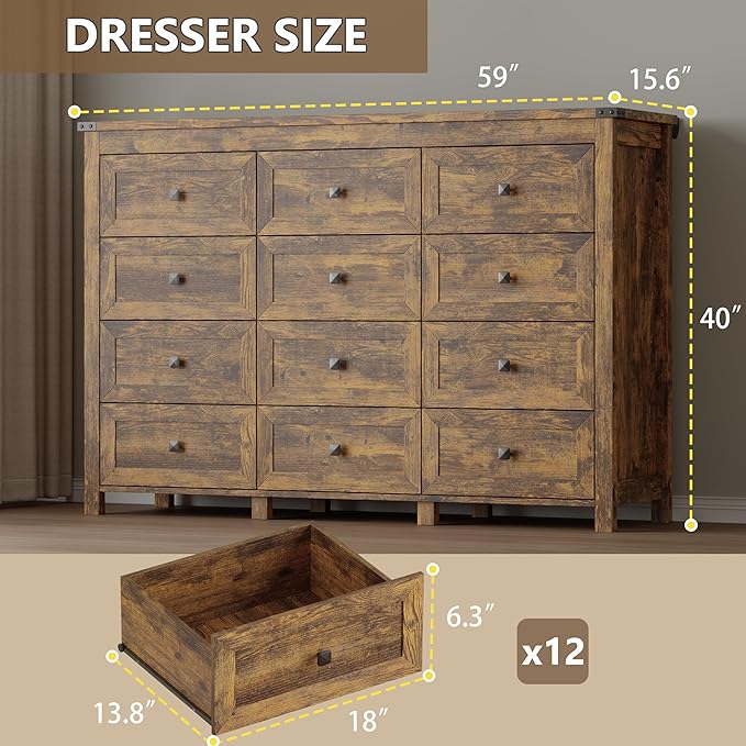 BORNOON 12-Drawer Dresser, Modern Wooden Storage Chest of Drawers, Dresser TV Stand, Wood Drawer Organizer with Metal Handles for Bedroom, Living Room, Hallway