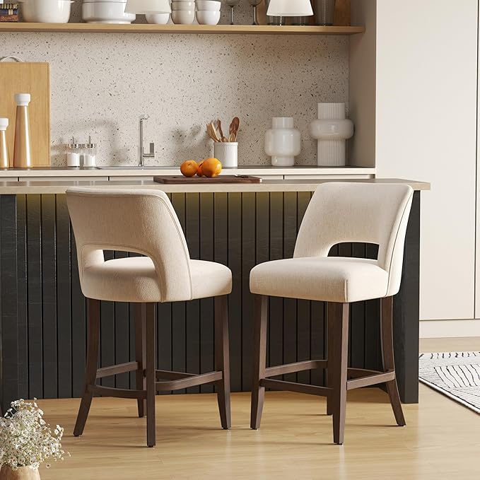 VKNOW Bar Stools Set of 2, 26" Upholstered Counter Height Bar Stools, Modern Counter Stools with Wood Legs for Kitchen Island Dining Room Bar, Beige