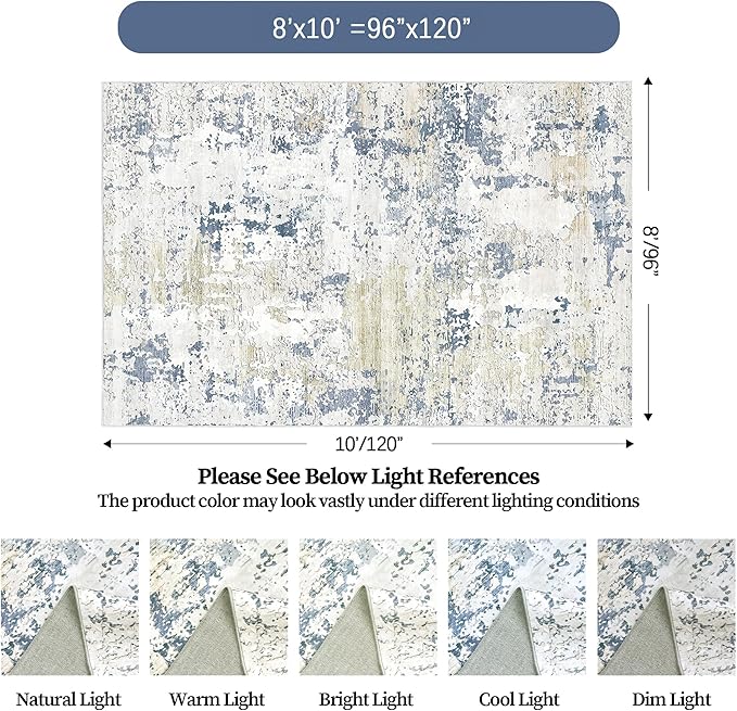 Art&Tuft Washable Rug, Anti-Slip Backing Abstract Area Rugs, Stain Resistant Rugs for Living Room, Foldable Machine Washable Area Rug(Beige/Blue, 8'x10')