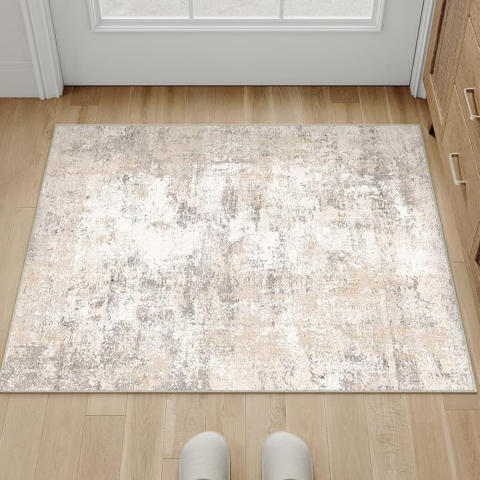 2x3 Washable Area Rug Beige Grey Abstract Non Slip Soft Low Pile Small Rug for Entryway Kitchen Bathroom Neutral Modern Throw Carpet for Living Room Bedroom Home Decor