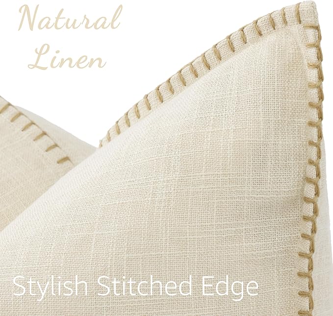 decorUhome Summer Decorative Throw Pillow Covers 18x18 Set of 2 Square Faux Linen Farmhouse Pillow Covers with Stitched Edge Outdoor Neutral Pillow Covers for Couch Sofa Living Room, Cream White