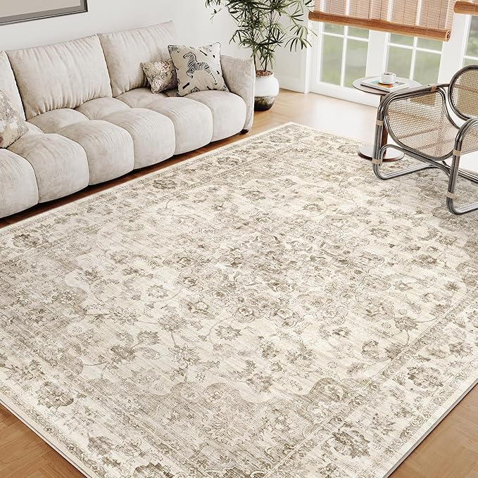 5x7 Washable Neutral Area Rug Beige Vintage Living Room Bedroom Carpet Non-Slip Soft Low Pile Farmhouse Indoor Throw Rug for Dining Room Entryway Office