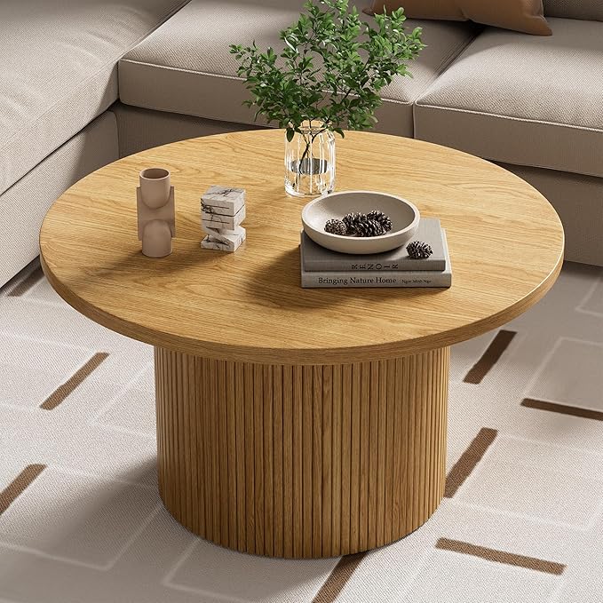 Furniway Round Coffee Table, 35.4" Circle Wide Coffee Table, Wood Table and Center Table for Living Room, Natural