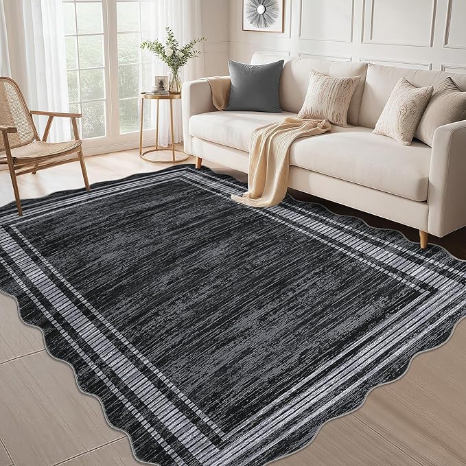 Garvee Scalloped Large Modern Abstract Area Rug 10x13 Washable Rug for Living Room, Non-Slip Soft Carpet for Bedroom, Scalloped Low-Pile Solid Print Accent Rug for Dining Room Home Office, Black